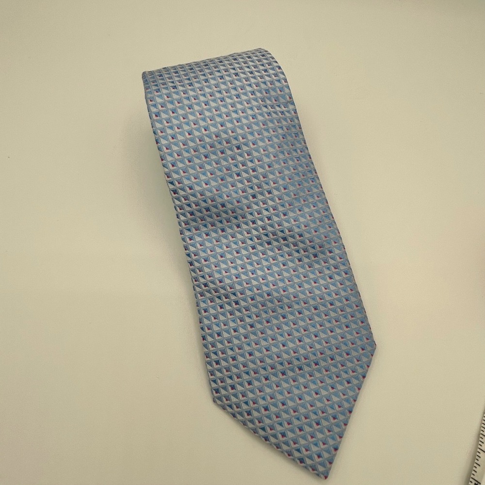 Armani Collezioni Mens Silk Tie Light Blue Silver Pink Geometric Made in Italy